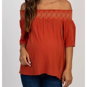Rust Smocked Off Shoulder Embroidery Top